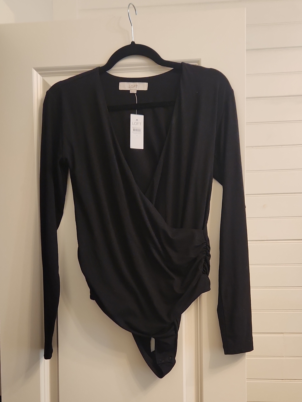 LOFT Black Long-Sleeve Wrap-Front Bodysuit